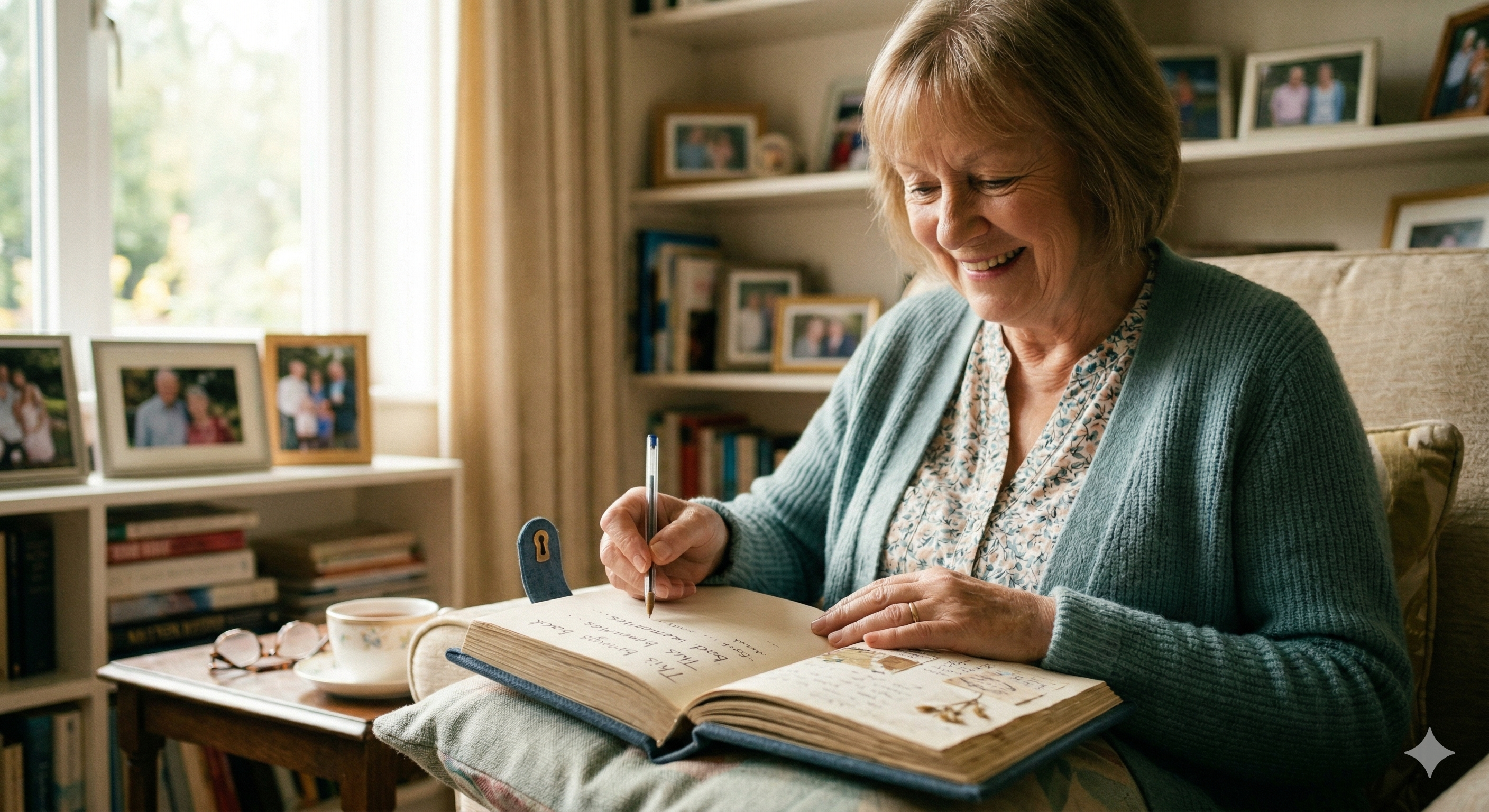 Old woman smiling while writing in her journal