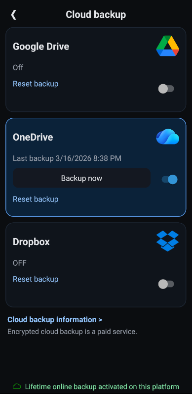Backup settings - Dark mode