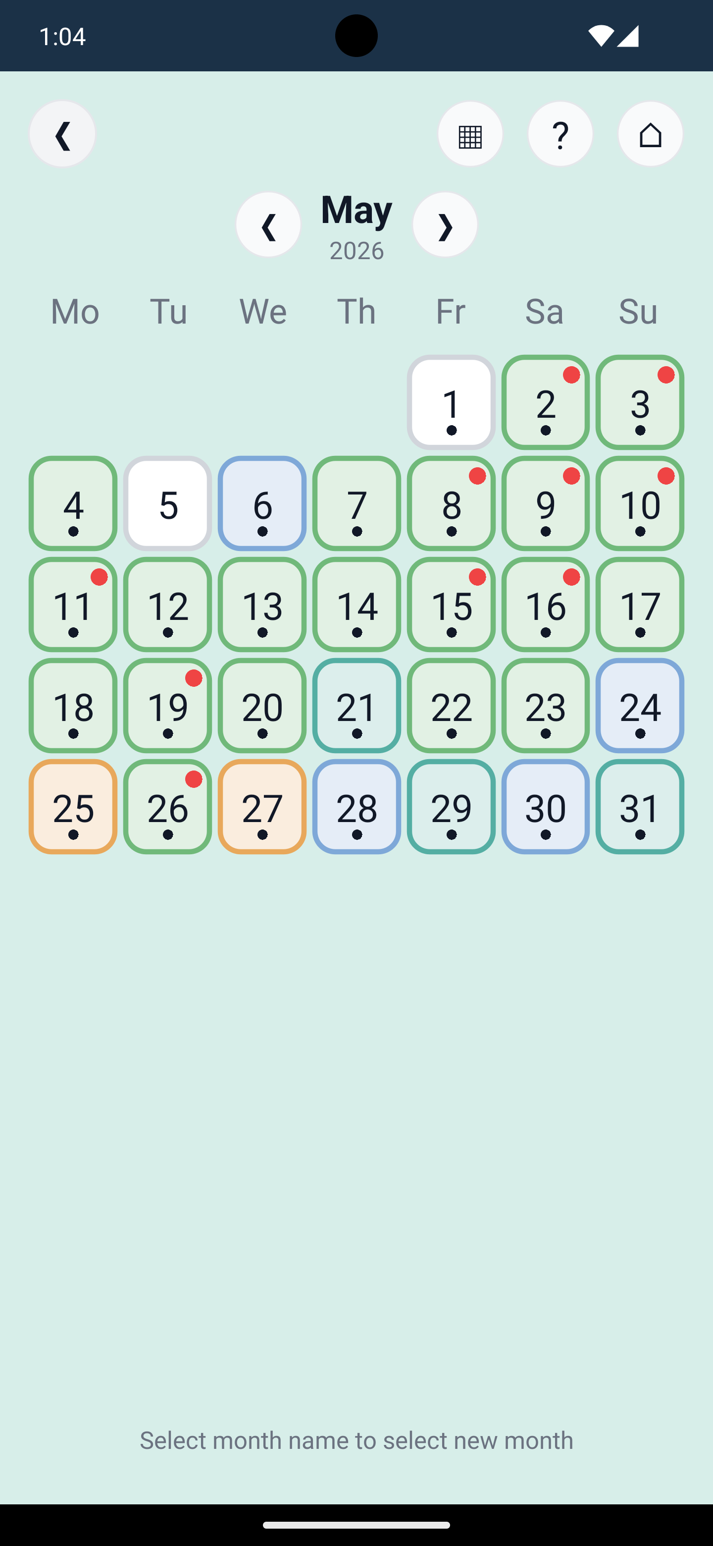 Calendar view with mood color