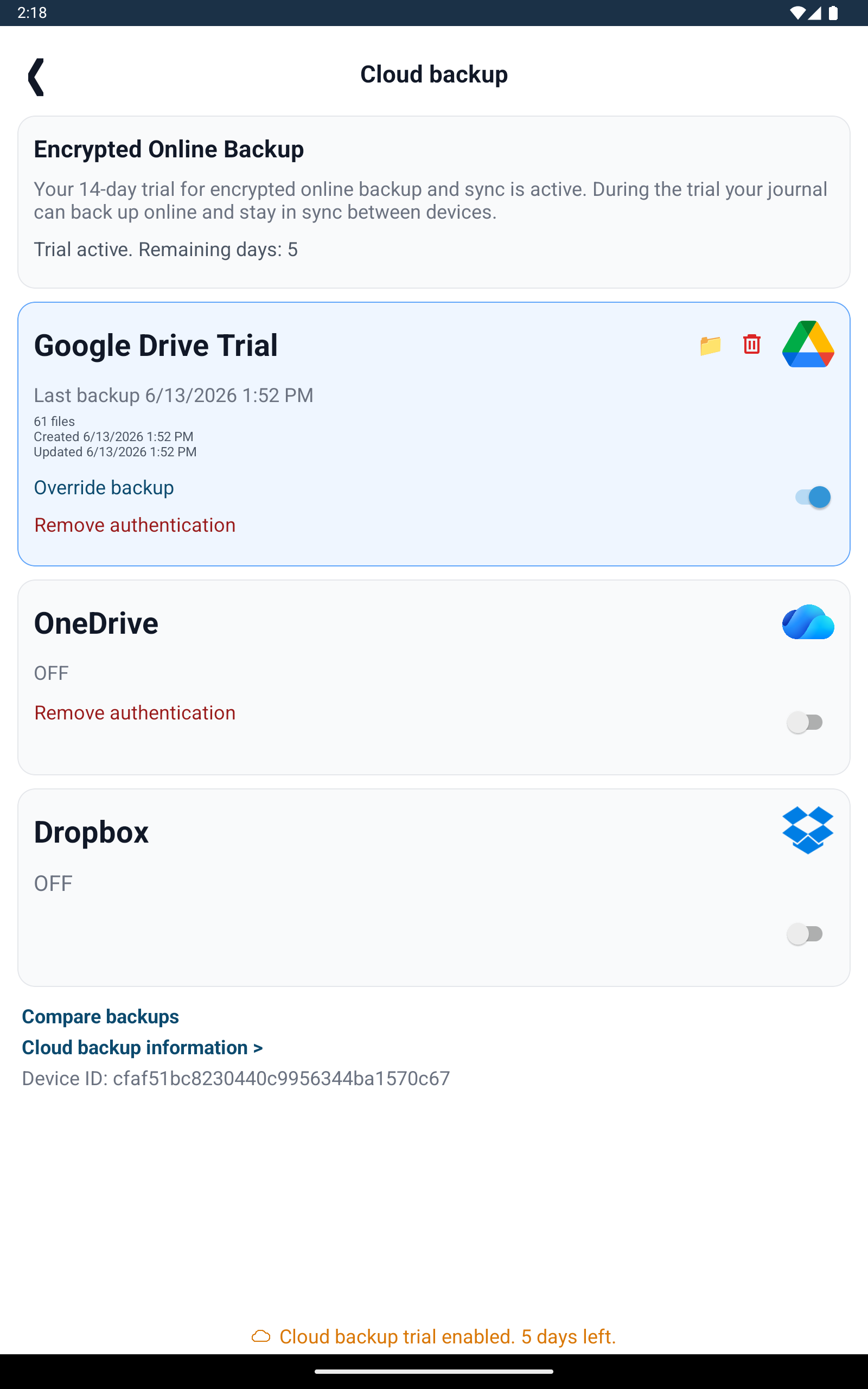 Tablet Backup Settings *
