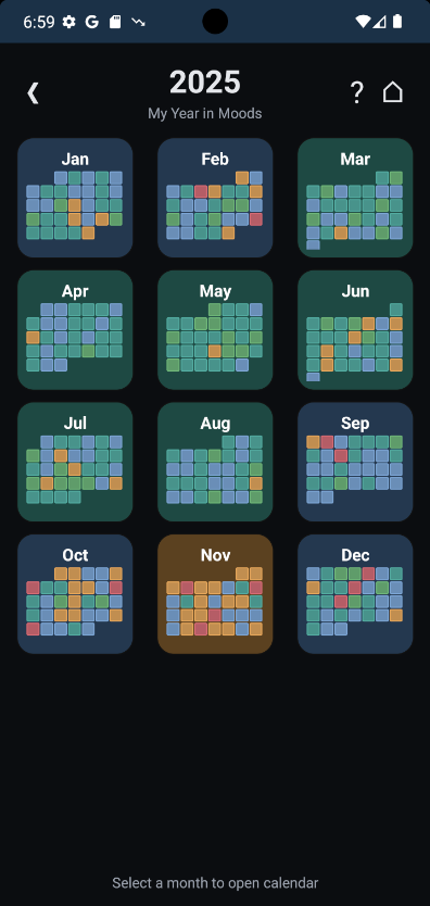 Journal Vault app screen showing the year mood display